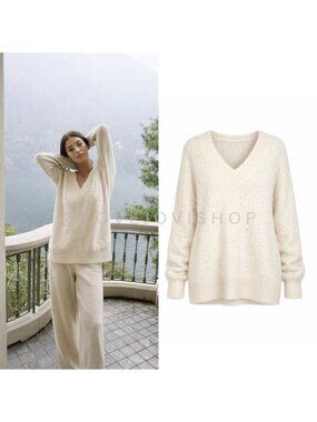Sweater | Aerie Fluffy Oversized V Neck Knit Pullover Cream | Cozy Feminine S